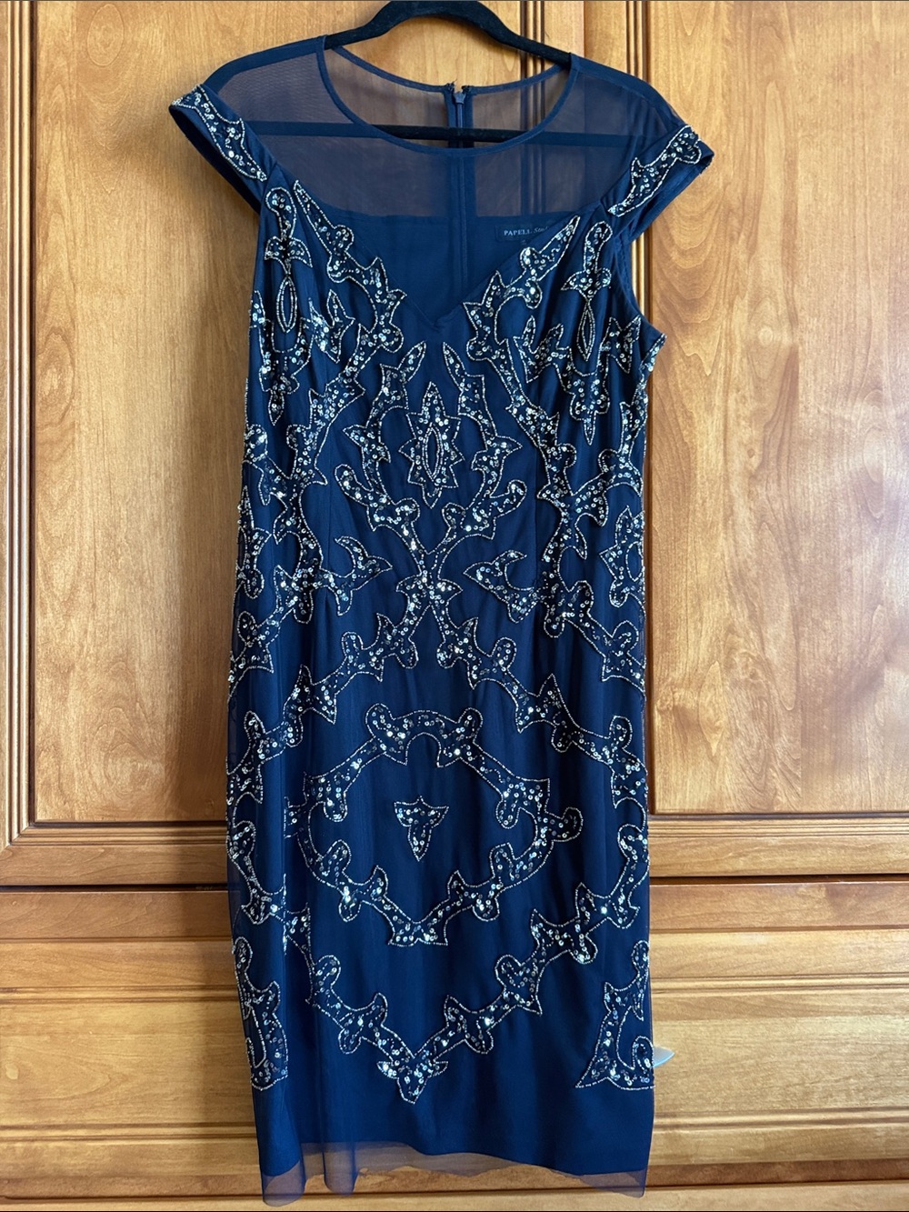 Beaded Navy Midi Dress with Sheer Yoke